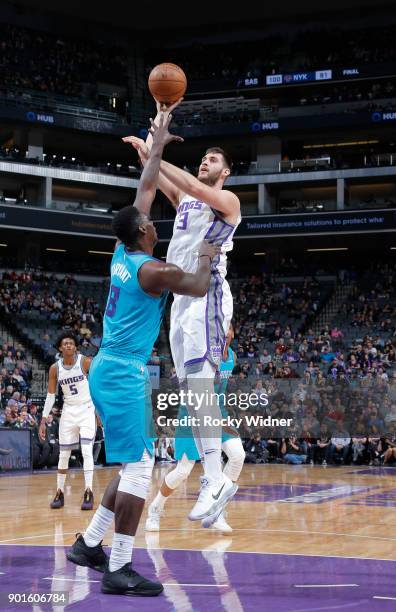 George Papagiannis of the Sacramento Kings shoots against the Charlotte Hornets on January 2, 2018 at Golden 1 Center in Sacramento, California. NOTE...