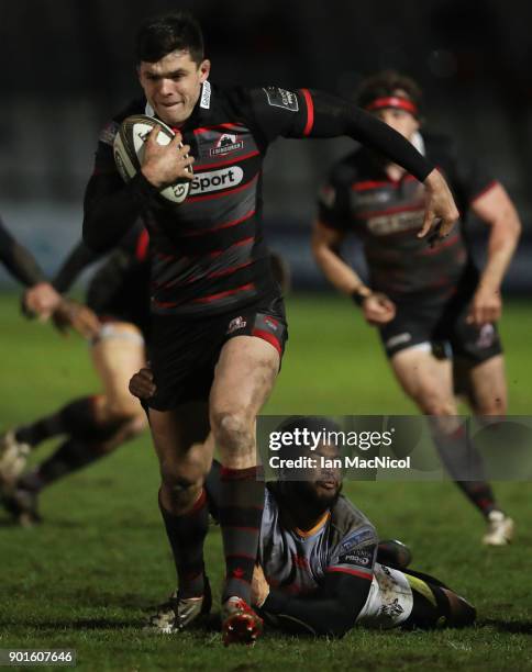 Blair Kinghorn of Edinburgh Rugby is tackled by Kurt Coleman of Southern Kings Rugby during the Guinness Pro14 match between Edinburgh Rugby and...