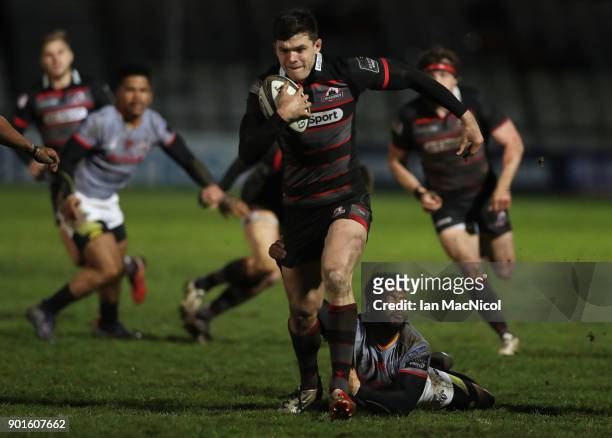 Blair Kinghorn of Edinburgh Rugby is tackled by Kurt Coleman of Southern Kings Rugby during the Guinness Pro14 match between Edinburgh Rugby and...