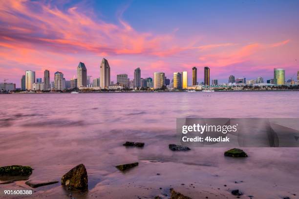 san diego skyline at sunset - san diego coronado bridge stock pictures, royalty-free photos & images