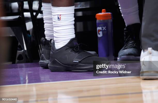 The shoes belonging to Johnny O'Bryant III of the Charlotte Hornets in a game against the Sacramento Kings on January 2, 2018 at Golden 1 Center in...