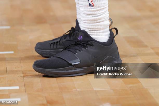The shoes belonging to Johnny O'Bryant III of the Charlotte Hornets in a game against the Sacramento Kings on January 2, 2018 at Golden 1 Center in...