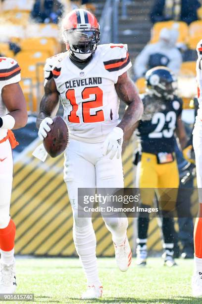 Wide receiver Josh Gordon of the Cleveland Browns runs toward the sideline in the second quarter of a game on December 31, 2017 against the...
