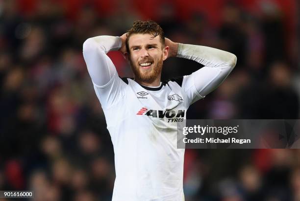 Sam Winnall of Derby County reacts during the Emirates FA Cup Third Round match between Manchester United and Derby County at Old Trafford on January...