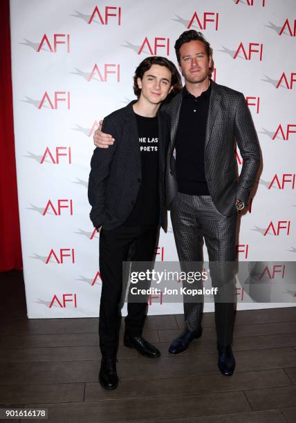 Timothee Chalamet and Armie Hammer attend the 18th Annual AFI Awards at Four Seasons Hotel Los Angeles at Beverly Hills on January 5, 2018 in Los...