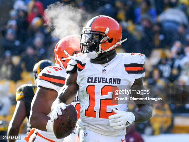 Wide receiver Josh Gordon of the Cleveland Browns runs toward the sideline in the second quarter of a game on December 31, 2017 against the...