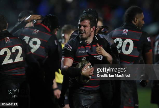 Cameron Fenton of Edinburgh Rugby celebrates after scoring his team's fourth try during the Guinness Pro14 match between Edinburgh Rugby and Southern...