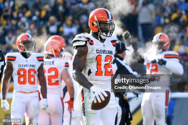 Wide receiver Josh Gordon of the Cleveland Browns stands on the field in the second quarter of a game on December 31, 2017 against the Pittsburgh...