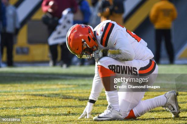 Running back Duke Johnson Jr. #29 of the Cleveland Browns kneels in the endzone to celebrate scoring a rushing touchdown in the second quarter of a...