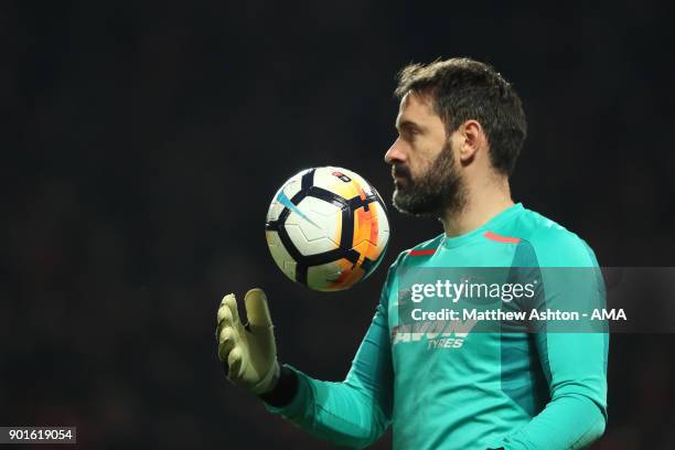 Scott Carson of Derby County looks on during the Emirates FA Cup Third Round match between Manchester United and Derby County at Old Trafford on...