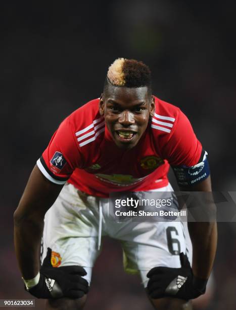 Paul Pogba of Manchester United reacts after a miss during the Emirates FA Cup Third Round match between Manchester United and Derby County at Old...