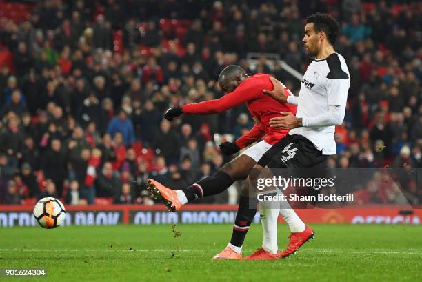 Romelu Lukaku of Manchester United scores their second goal during the Emirates FA Cup Third Round match between Manchester United and Derby County...