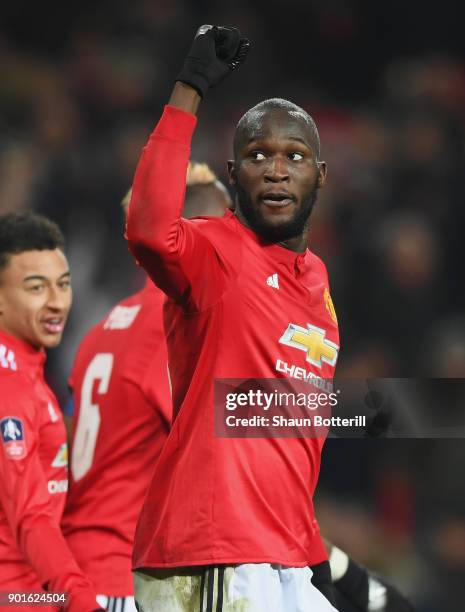 Romelu Lukaku of Manchester United celebrates as he scores their second goal during the Emirates FA Cup Third Round match between Manchester United...