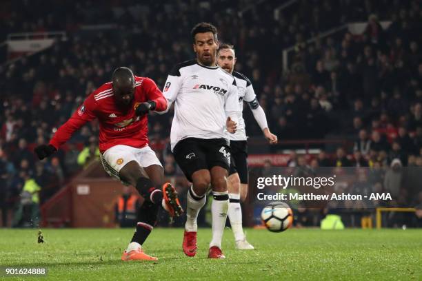 Romelu Lukaku of Manchester United scores a goal to make the score 2-0 during the Emirates FA Cup Third Round match between Manchester United and...