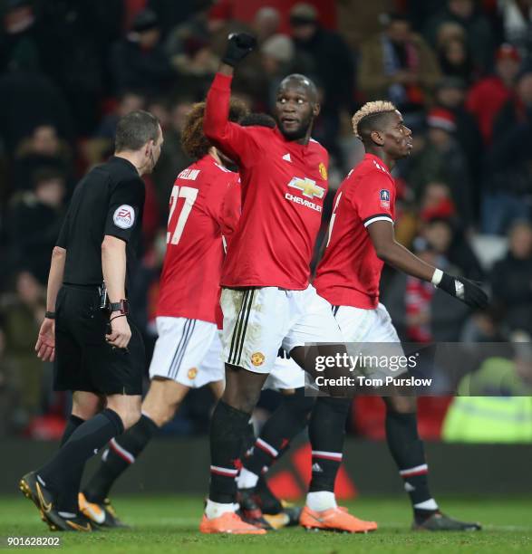 Romelu Lukaku of Manchester United celebrates scoring their second goal during the Emirates FA Cup Third Round match between Manchester United and...