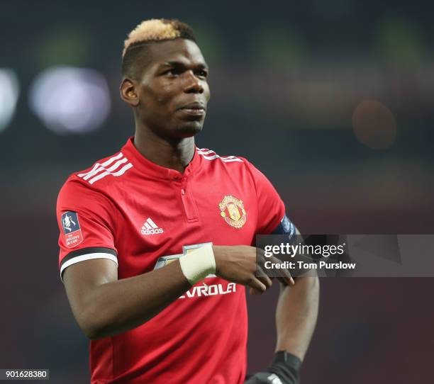 Paul Pogba of Manchester United walks off after the Emirates FA Cup Third Round match between Manchester United and Derby County at Old Trafford on...