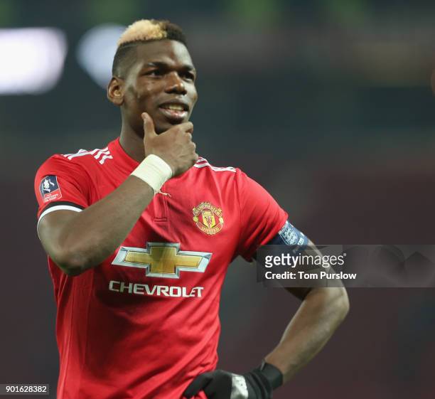 Paul Pogba of Manchester United walks off after the Emirates FA Cup Third Round match between Manchester United and Derby County at Old Trafford on...