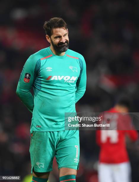 Scott Carson of Derby County reacts as Romelu Lukaku of Manchester United scores their second goal during the Emirates FA Cup Third Round match...