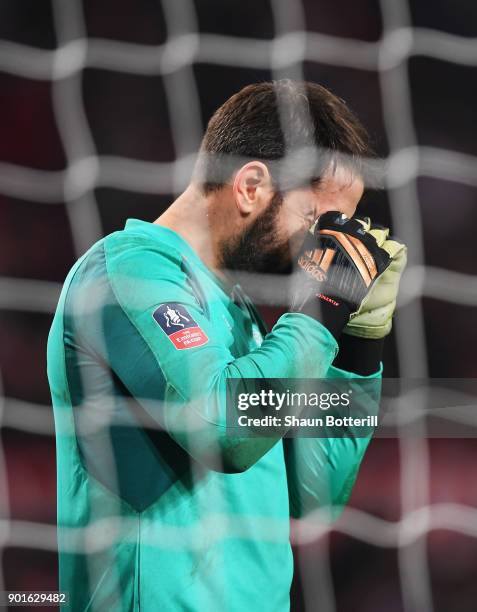Scott Carson of Derby County looks despondent during the Emirates FA Cup Third Round match between Manchester United and Derby County at Old Trafford...