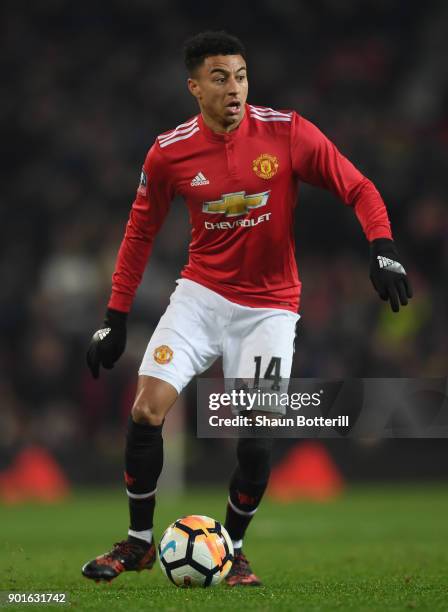 Jesse Lingard of Manchester United runs with the ball during the Emirates FA Cup Third Round match between Manchester United and Derby County at Old...