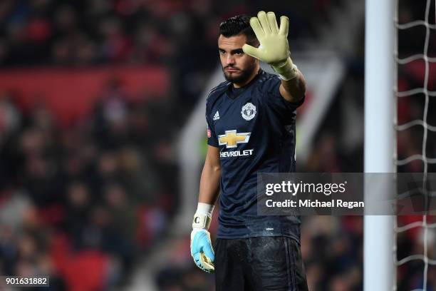 Sergio Romero of Manchester United looks on during the FA Cup 3rd round match between Manchester United and derby County at Old Trafford on January...