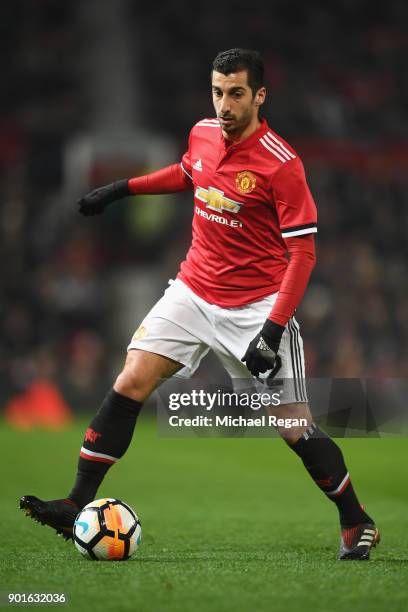 Henrikh Mkhitaryan of Manchester United in action during the FA Cup 3rd round match between Manchester United and derby County at Old Trafford on...