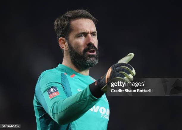 Scott Carson of Derby County during the Emirates FA Cup Third Round match between Manchester United and Derby County at Old Trafford on January 5,...