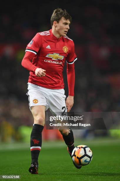 Victor Lindelof of Manchester United in action during the FA Cup 3rd round match between Manchester United and derby County at Old Trafford on...