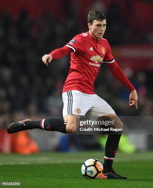 Victor Lindelof of Manchester United in action during the FA Cup 3rd round match between Manchester United and derby County at Old Trafford on...