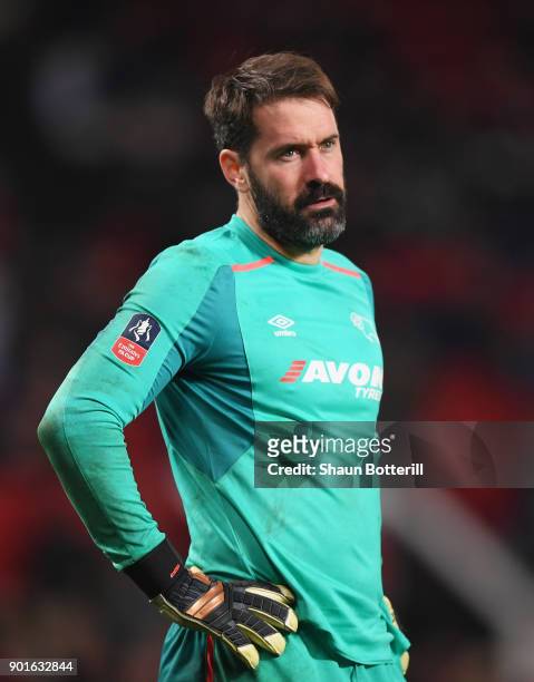 Scott Carson of Derby County looks despondent during the Emirates FA Cup Third Round match between Manchester United and Derby County at Old Trafford...