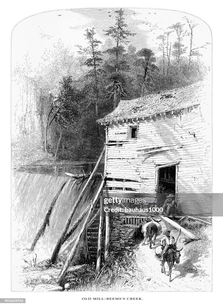 Old Mill on Reems Creek, French Broad River, North Carolina, United States, American Victorian Engraving, 1872
