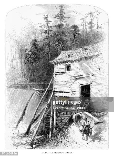 old mill on reems creek, french broad river, north carolina, united states, american victorian engraving, 1872 - north carolina waterfall stock illustrations