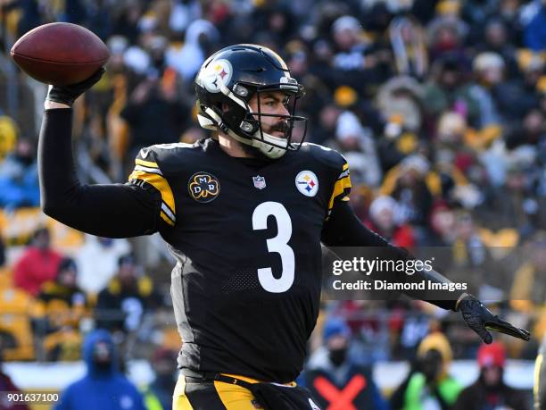 Quarterback Landry Jones of the Pittsburgh Steelers throws a pass in the second quarter of a game on December 31, 2017 against the Cleveland Browns...