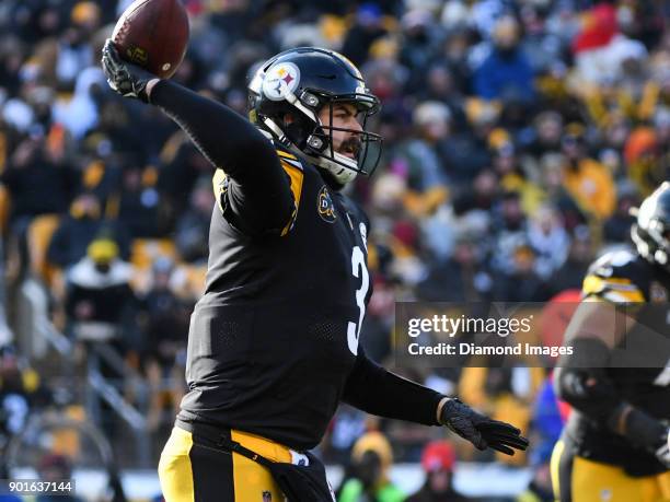 Quarterback Landry Jones of the Pittsburgh Steelers throws a pass in the second quarter of a game on December 31, 2017 against the Cleveland Browns...