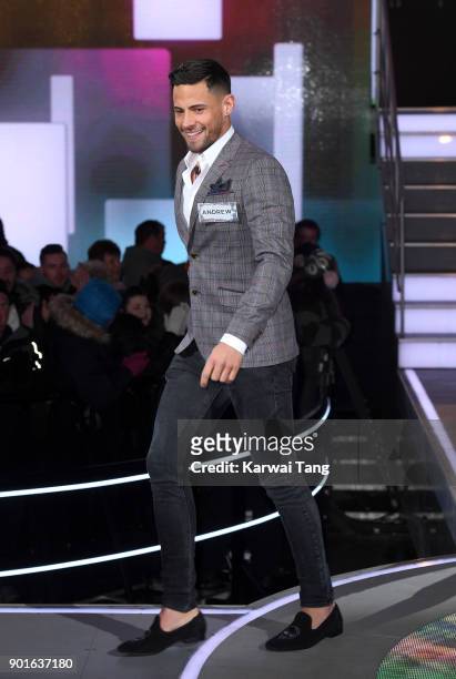 Andrew Brady enters the Celebrity Big Brother house at Elstree Studios on January 5, 2018 in Borehamwood, England.
