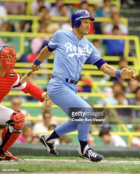 George Brett of the Kansas City Royals bats during an MLB game versus the Chicago White Sox at Comiskey Park in Chicago, Illinois during the 1986...