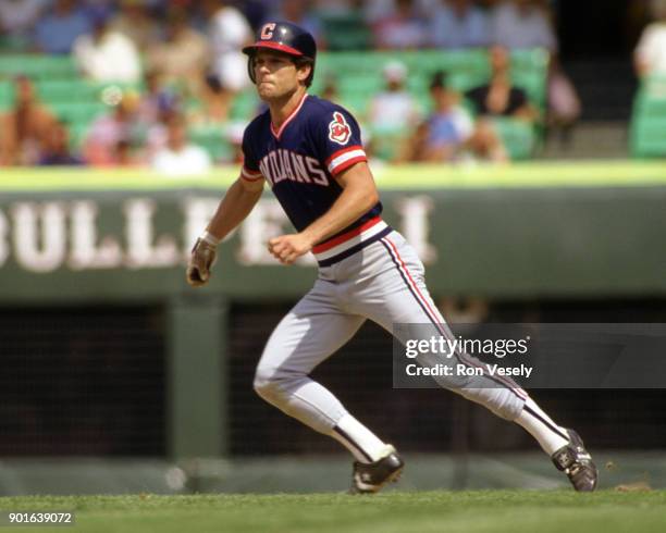 Brett Butler of the Cleveland Indians runs the bases during an MLB game versus the Chicago White Sox at Comiskey Park in Chicago, Illinois during the...