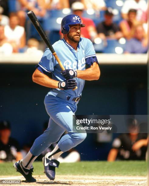 Kirk Gibson of the Kansas City Royals bats during an MLB game versus the Chicago White Sox at Comiskey Park in Chicago, Illinois during the 1991...