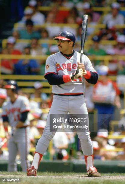 Reggie Jackson of the California Angels bats during an MLB game versus the Chicago White Sox at Comiskey Park in Chicago, Illinois during the 1986...