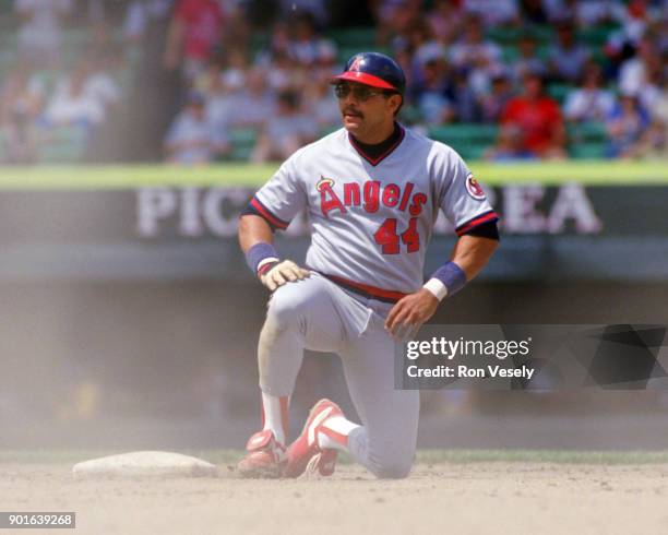 Reggie Jackson of the California Angels looks on during an MLB game versus the Chicago White Sox at Comiskey Park in Chicago, Illinois during the...