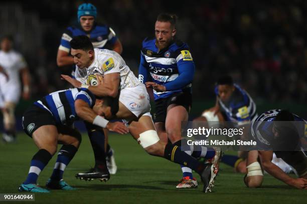 Bryce Heem of Worcester is tackled by Kahn Fotuali'i of Bath during the Aviva Premiership match between Worcester Warriors and Bath Rugby at Sixways...