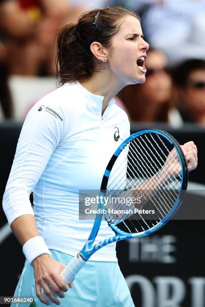 Julia Goerges of Germany celebrates winning a game in her quarterfinal match against Polona Hercog of Slovenia during day six of the ASB Women's...