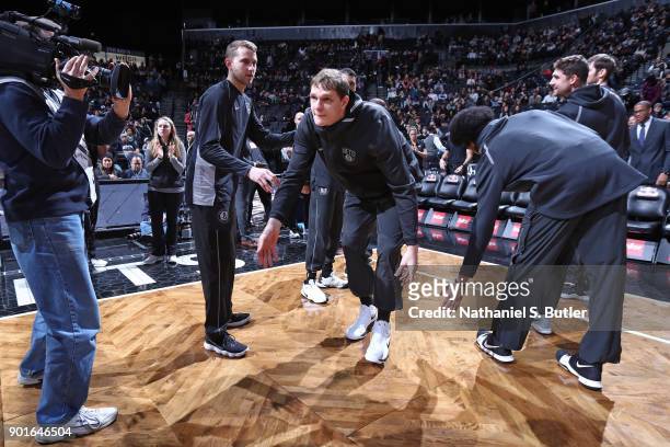 Timofey Mozgov of the Brooklyn Nets is introduced before the game against the Minnesota Timberwolves on January 3, 2018 at Barclays Center in...