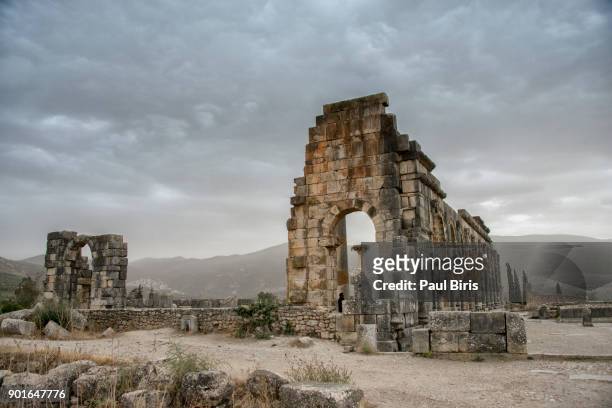 the ruins of the basilica, roman archeological site in volubilis, morocco - ruined fotografías e imágenes de stock