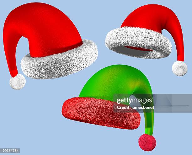 santa and elf hats (isolated) - elf hat stock pictures, royalty-free photos & images