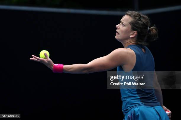 Barbora Strycova of the Czech Republic serves in her quarter final match against Su-Wei Hsieh of Taiwan during day six of the ASB Women's Classic at...