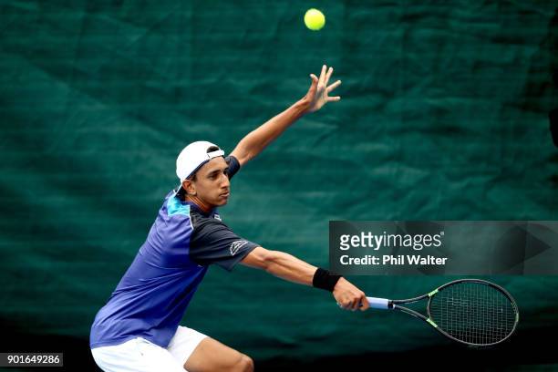 Ajeet Rai of New Zealand plays a backhand during the qualifing match against Taro Daniel of Japan during day six of the ASB Classic at ASB Tennis...