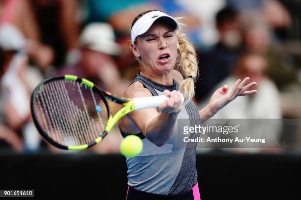 Caroline Wozniacki of Denmark plays a forehand in her quarter final match against Sofia Kenin of USA during day six of the ASB Women's Classic at ASB...