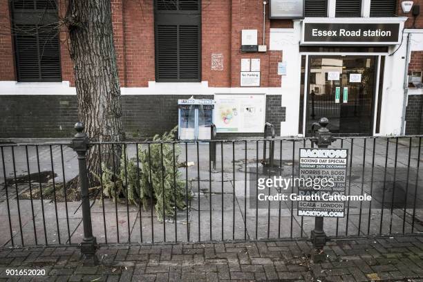Discarded Christmas tree lies outside Essex Road station in Angel on January 5, 2018 in London, England. In the lead up to Christmas a pine tree is...