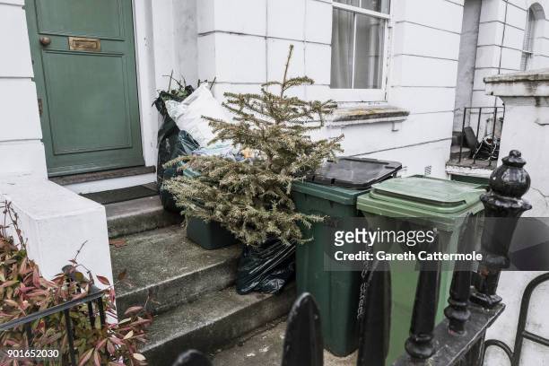 Discarded Christmas tree stands amongst rubbish in Angel on January 5, 2018 in London, England. In the lead up to Christmas a pine tree is the centre...